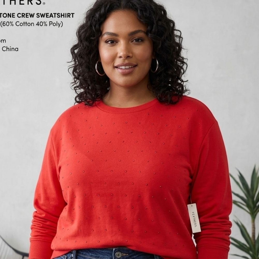 feathers Red Crewneck Sweatshirt with Stud Detail